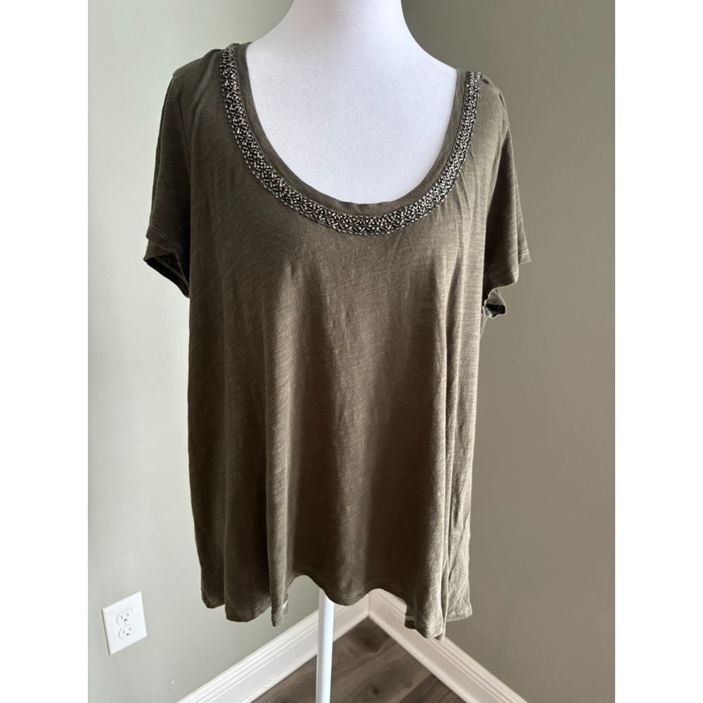 American Eagle Womens T-Shirt Top Size X-Large Olive Beaded Scoop Neck